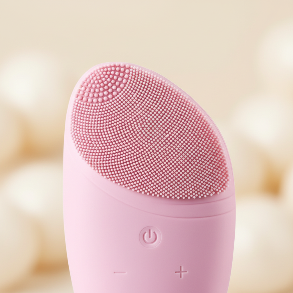 Close-up of the fine silicone touch points and controls on a pink facial cleansing brush