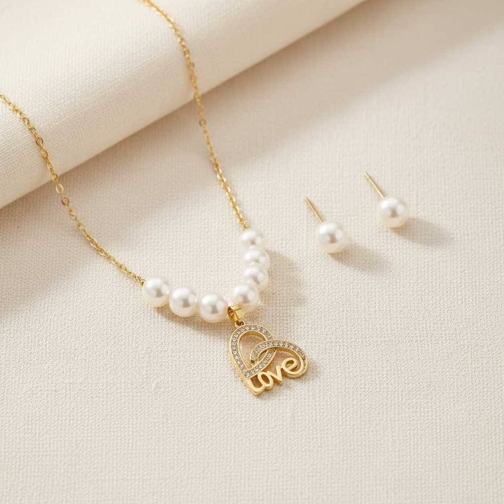 Gold-plated pearl-effect Love necklace and matching earrings arranged on a warm ivory surface