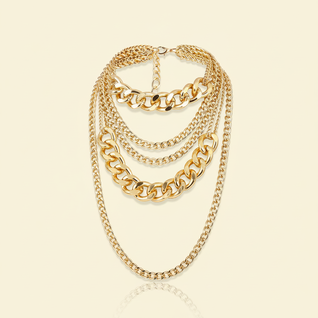Layered gold chain necklace on an ivory background