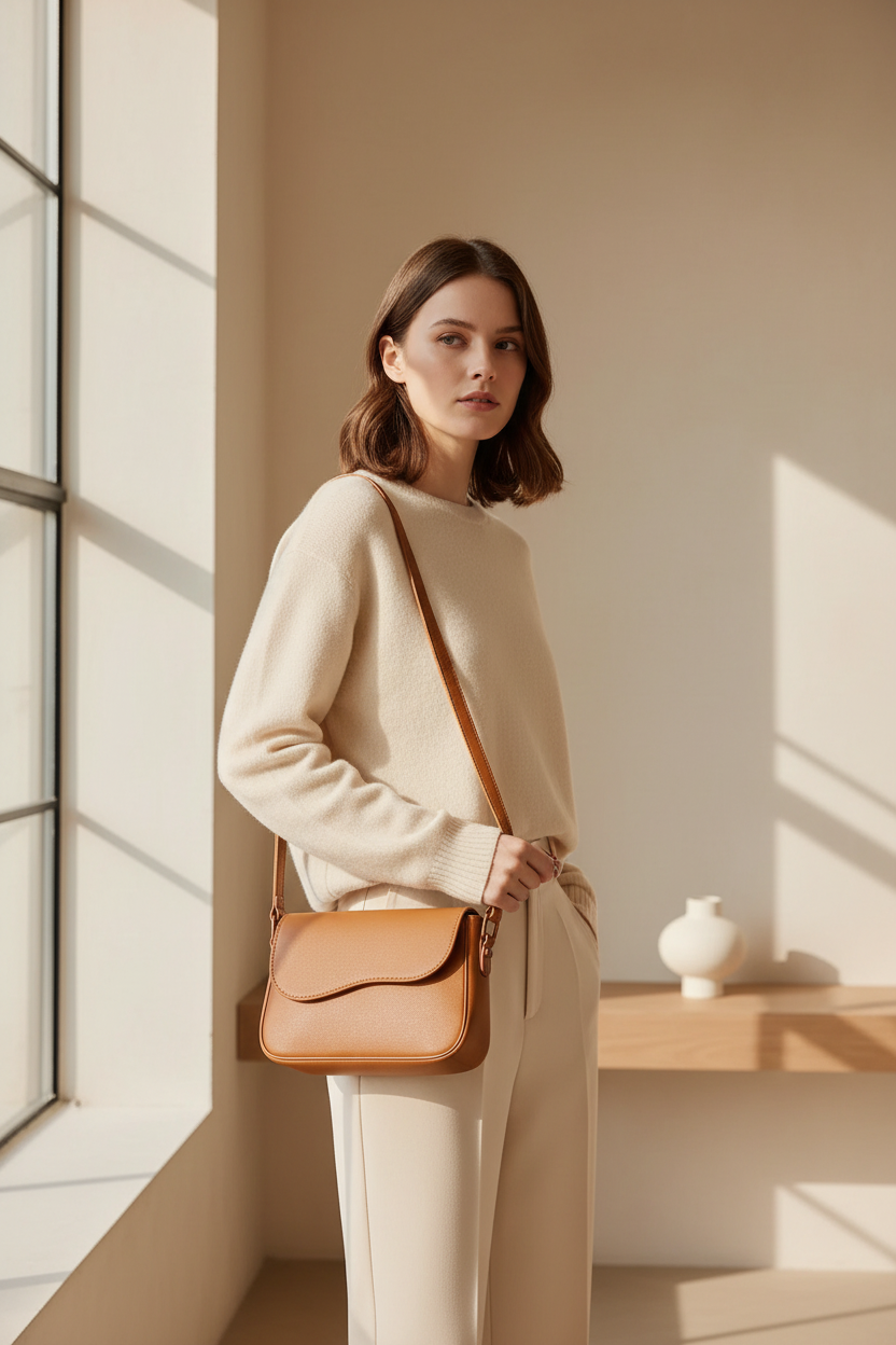Woman wearing a mustard leather shoulder bag in a neutral interior