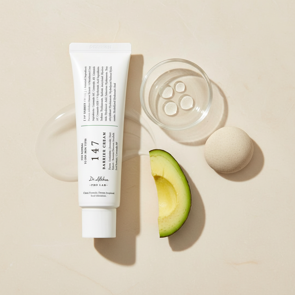 Dr. Althea Barrier Cream with restrained ingredient-inspired styling on warm ivory stone
