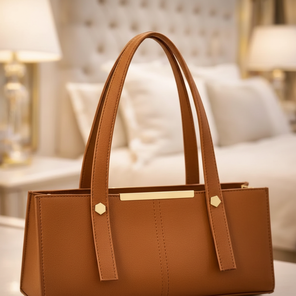 Close detail of the mustard leather shoulder bag handles and top bar