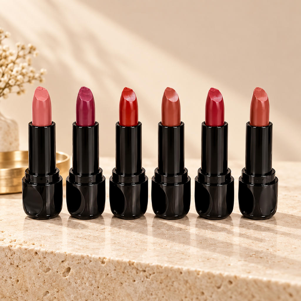 Nude lipstick set of 6 shades in black cases on ivory stone