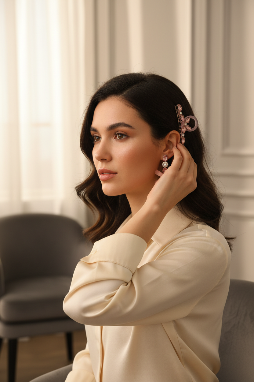 Woman wearing pink bow drop earrings and styling the matching embellished hair clip