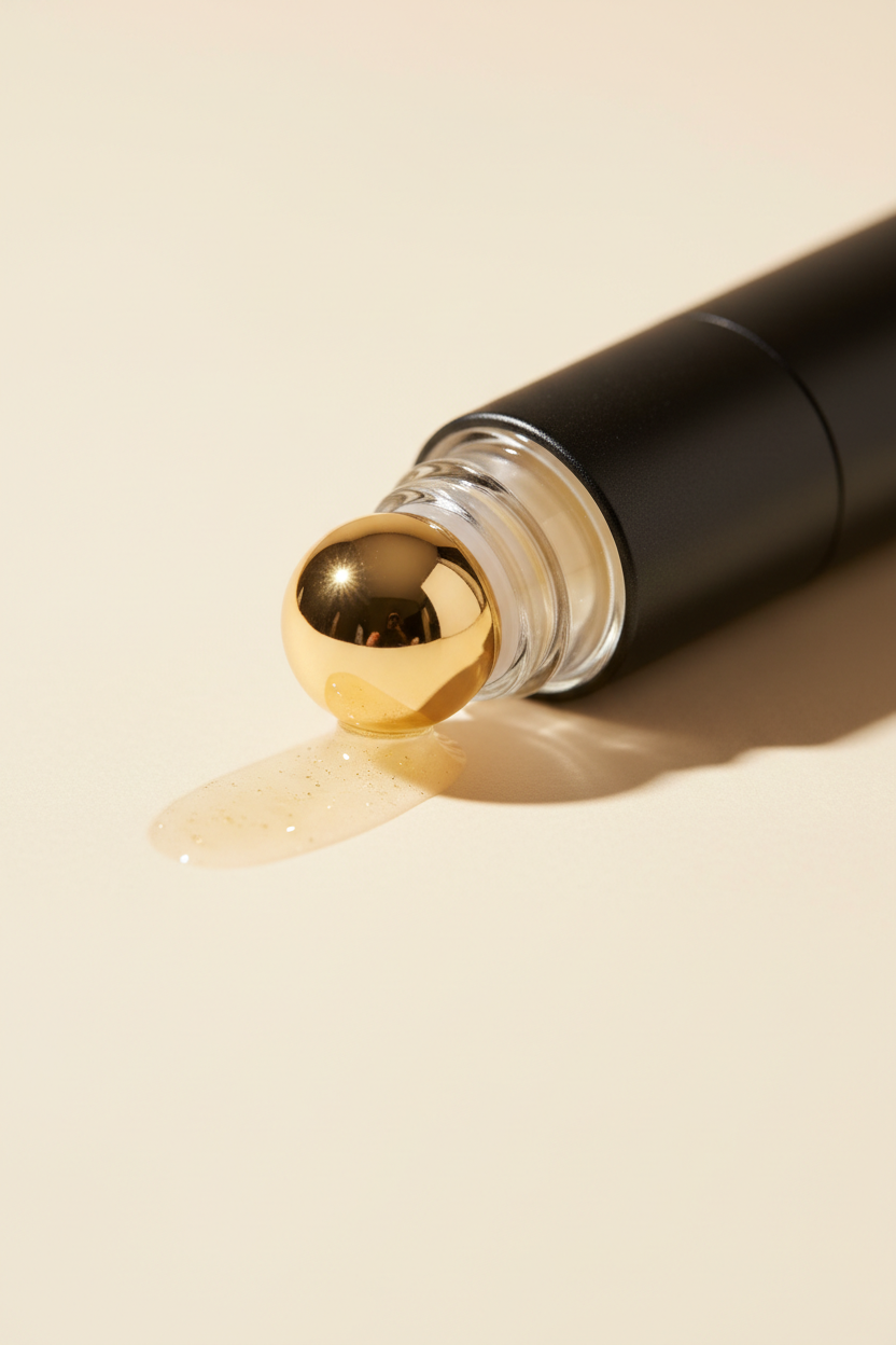 Close-up detail of the gold roller applicator and golden serum bottle for Eyelight under-eye roller
