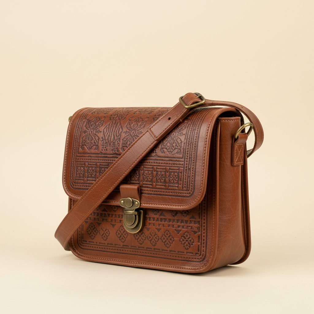 Brown printed leather shoulder bag for women on a clean studio background