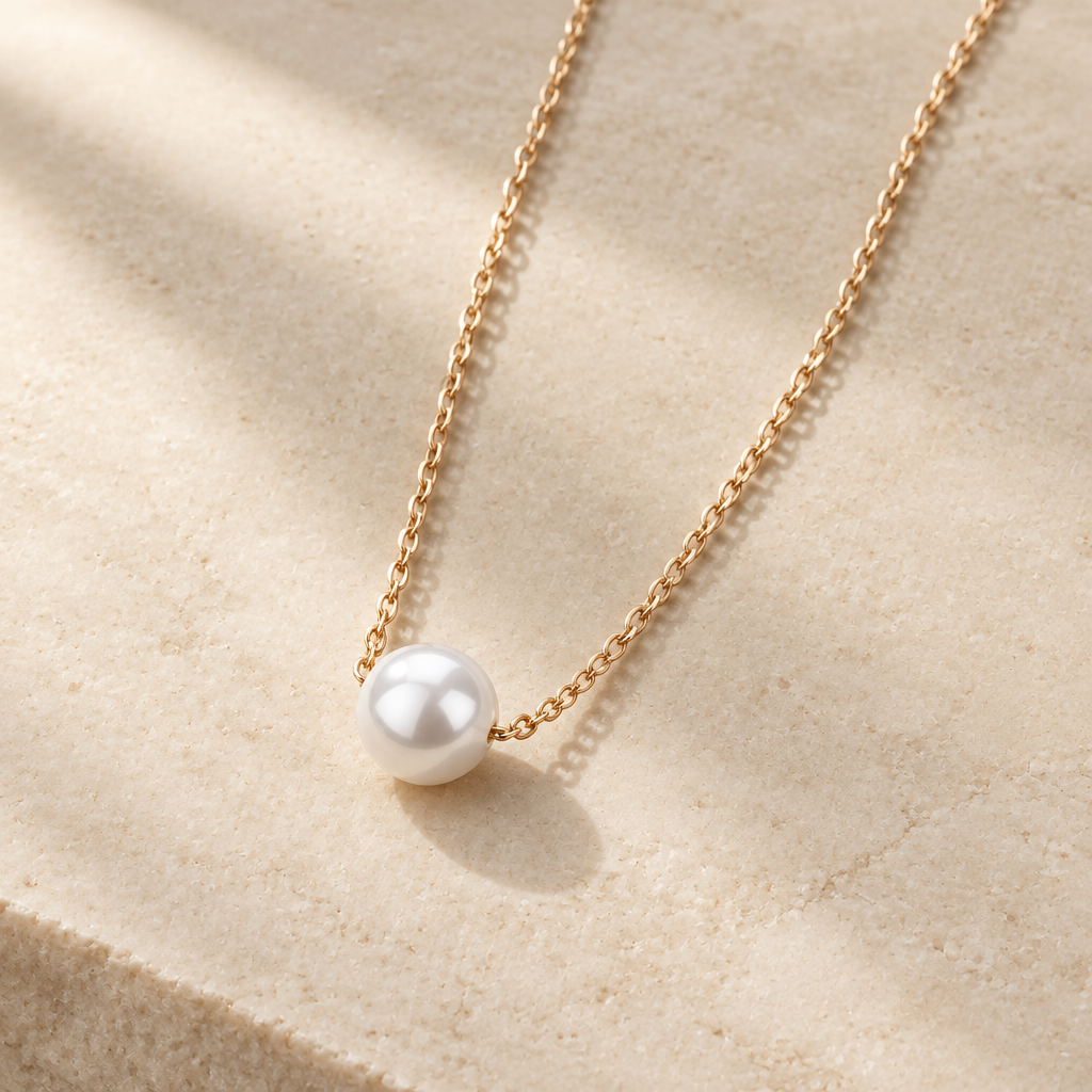 Single white pearl-style bead on a gold-tone chain against warm ivory stone