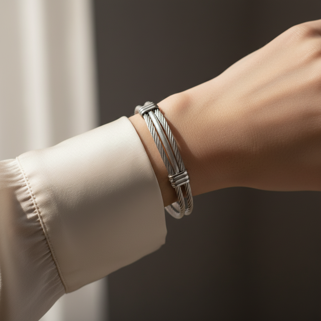 Silver braided cable cuff bracelet styled on a woman’s wrist