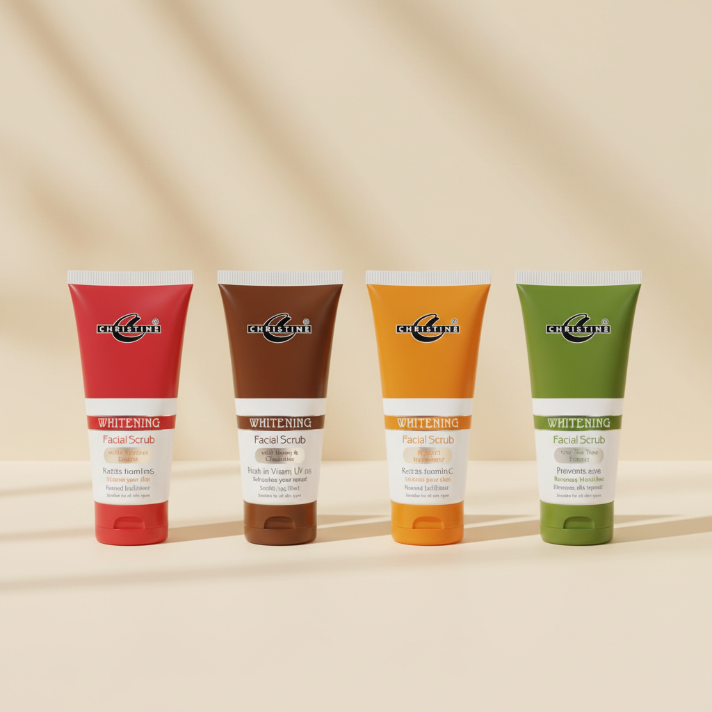 Four Christine facial scrub cream tubes in red, brown, orange, and green on a warm ivory background