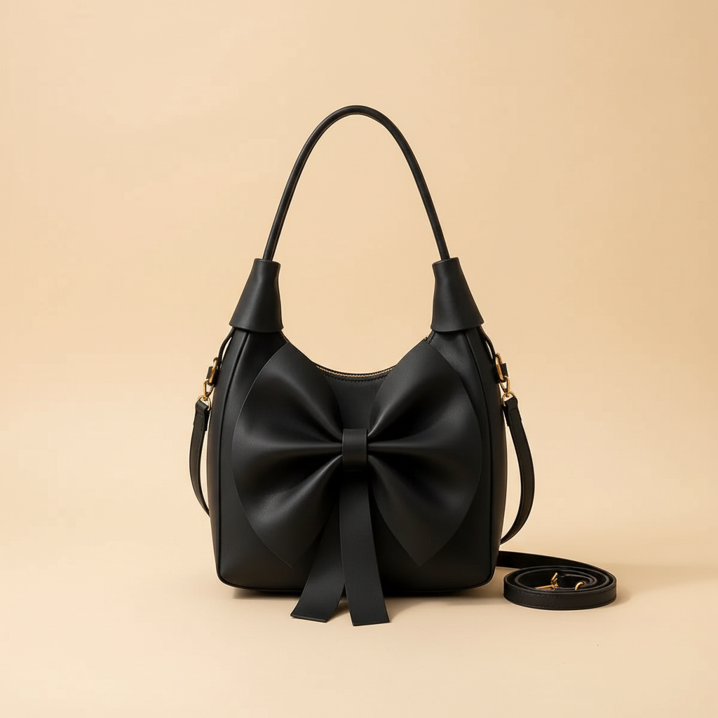 Black leather bow shoulder bag on a warm ivory background