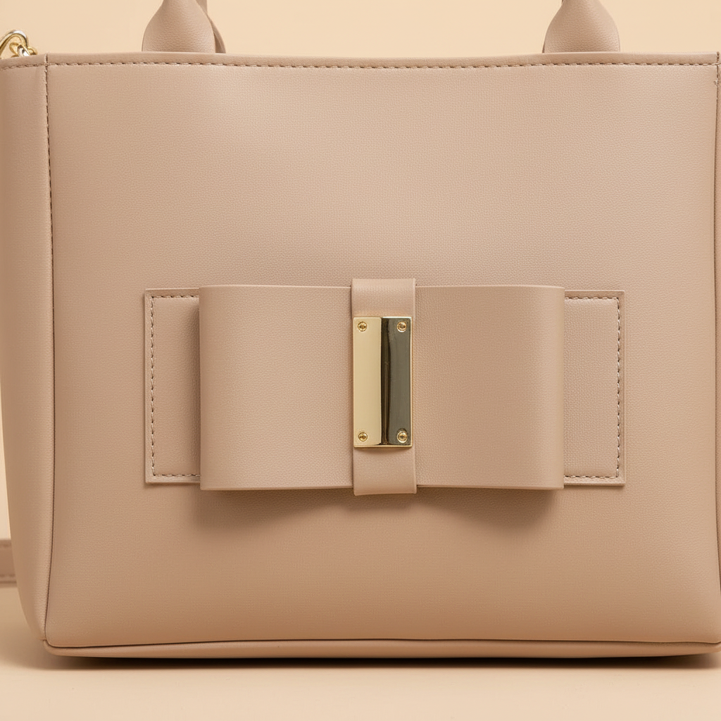 Close detail of beige leather bow and gold-tone clasp on shoulder bag