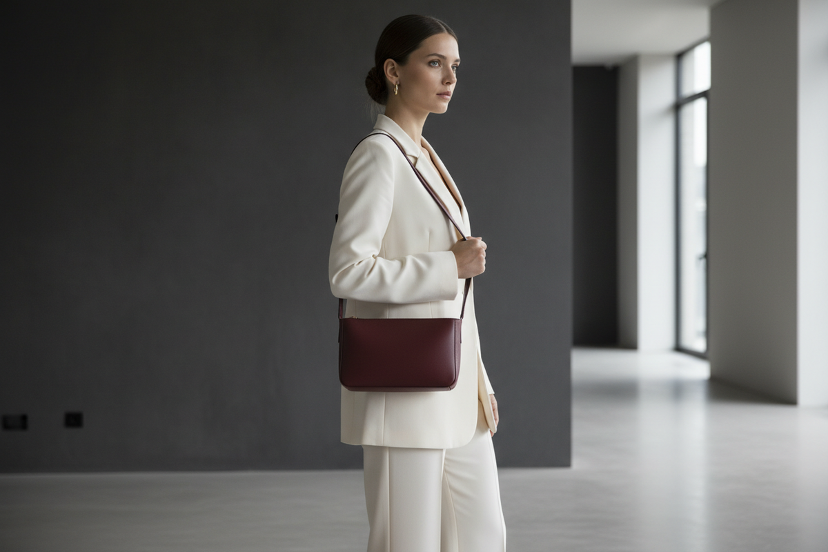 Woman wearing a maroon leather shoulder bag with an ivory tailored outfit