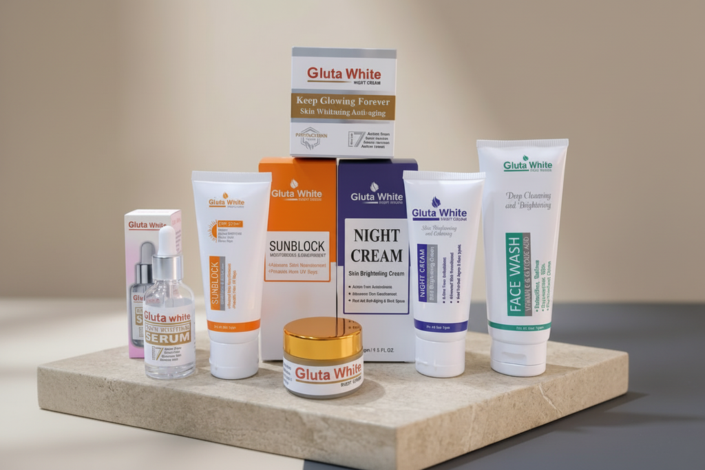 Close product view of the Gluta White skincare bundle with face wash, serum, creams and sunblock