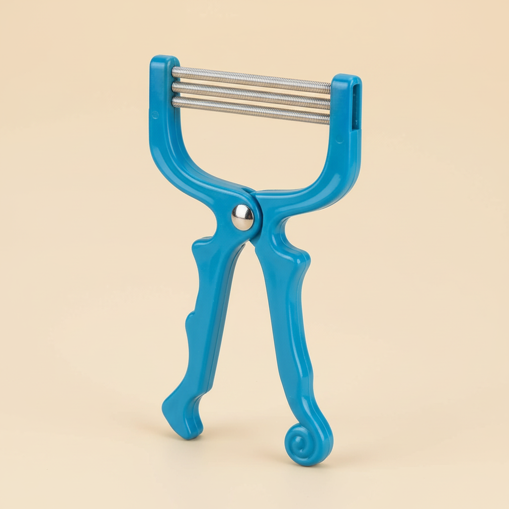 Blue manual spring facial hair remover on a warm ivory background