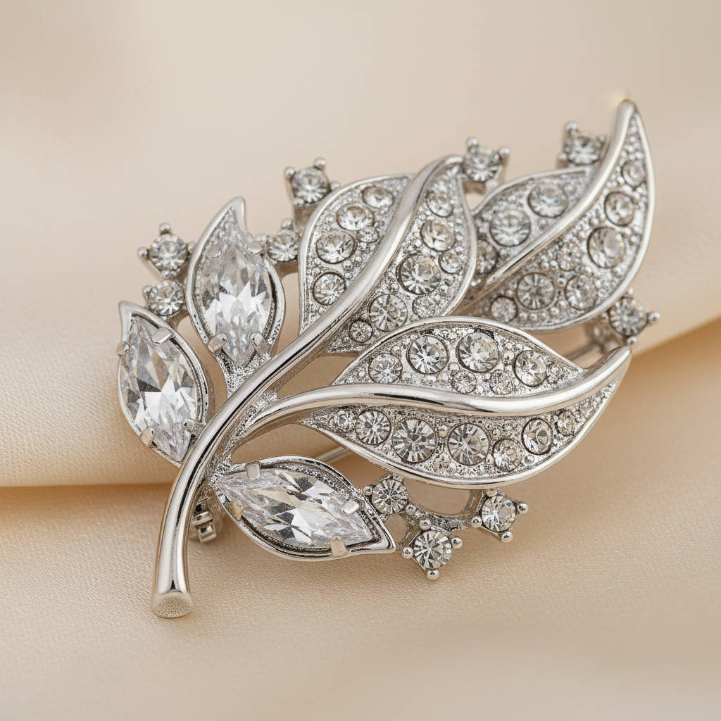 Close detail of silver-white leaf cluster brooch with clear glass stones