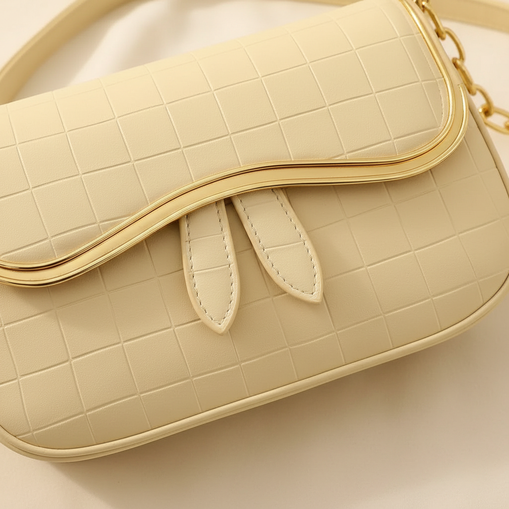 Close detail of beige leather shoulder bag bow, stitching and gold-tone chain hardware
