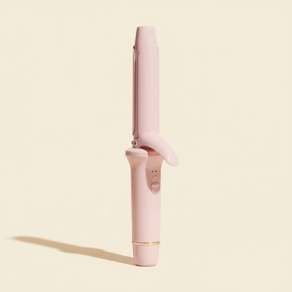 Soft pink automatic curling iron on a warm ivory background