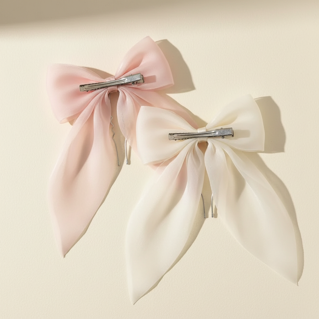 Blush pink and off-white oversized bow hair pins arranged on a warm ivory background