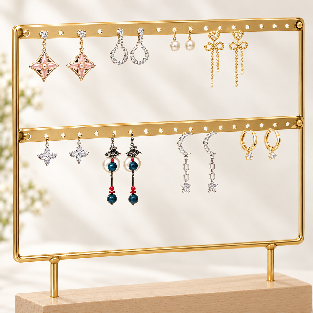 Close detail of perforated gold-tone metal earring display bars and wooden base