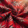 Close up of the red printed leaf pattern polo cotton weave