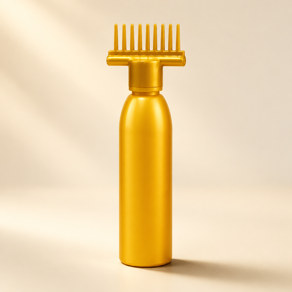 Yellow root comb hair oil applicator bottle, luxury editorial studio shot