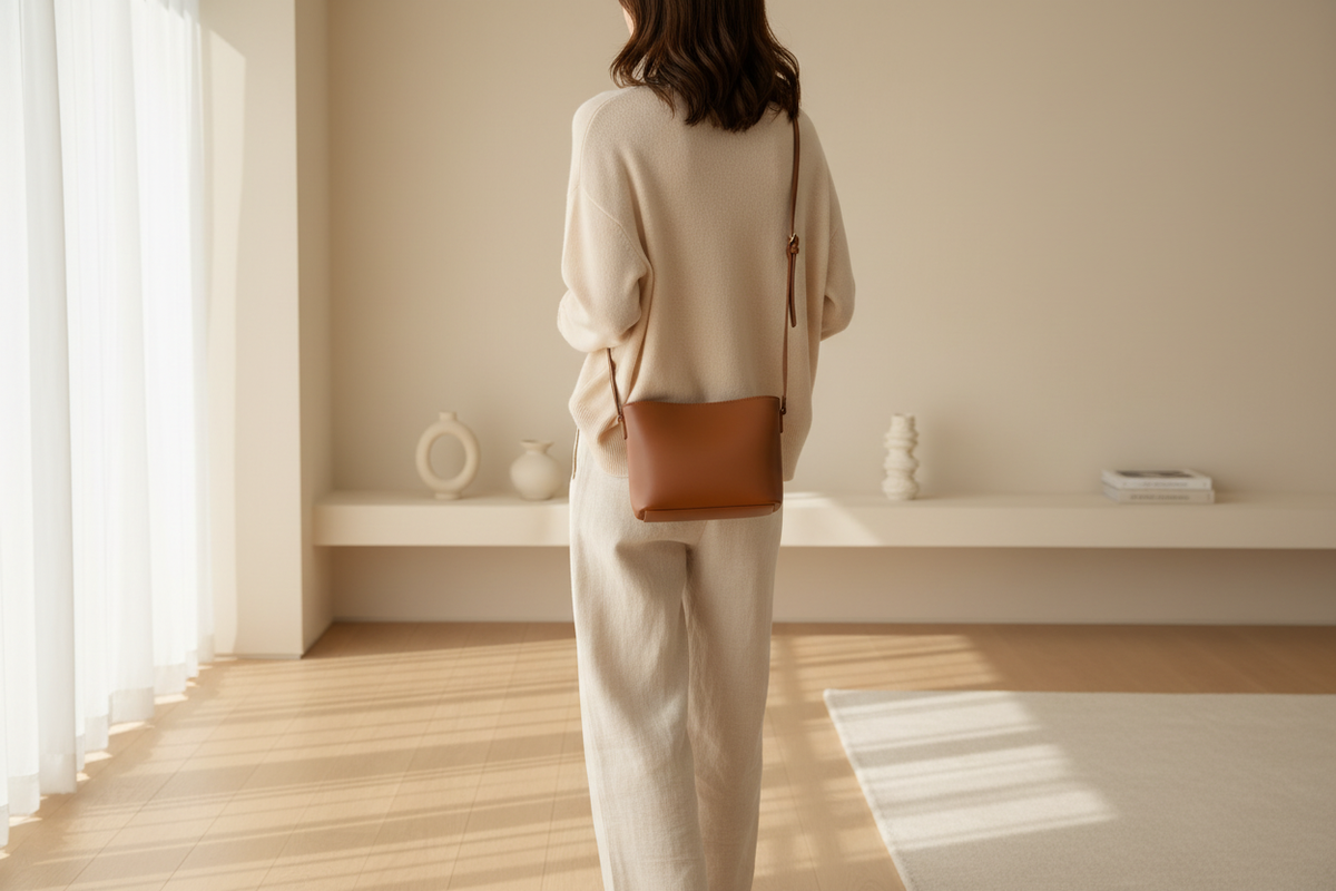 Brown plain PU leather shoulder bag worn with a neutral outfit