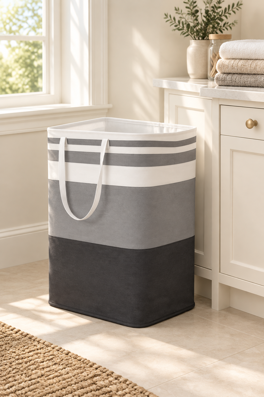 Grey striped laundry basket beside a cabinet in a light laundry room