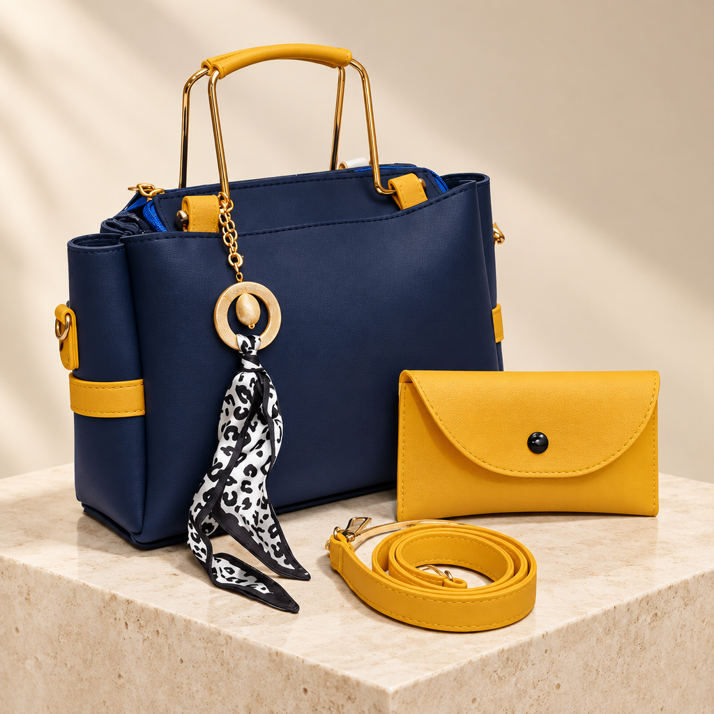 Navy blue and mustard rexine handbag set with top handles, matching pouch, detachable strap and printed scarf on an ivory background