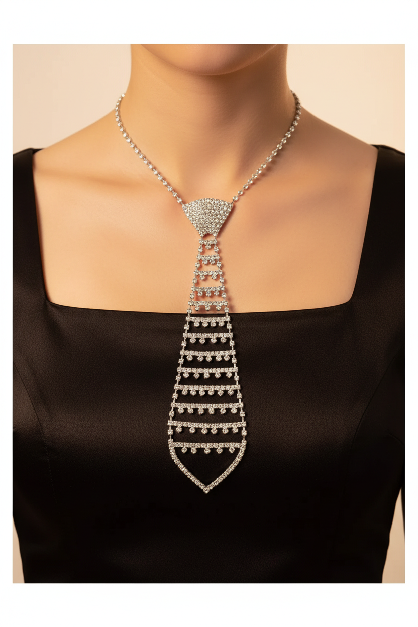 Woman wearing a silver rhinestone tie necklace with a black square-neck top