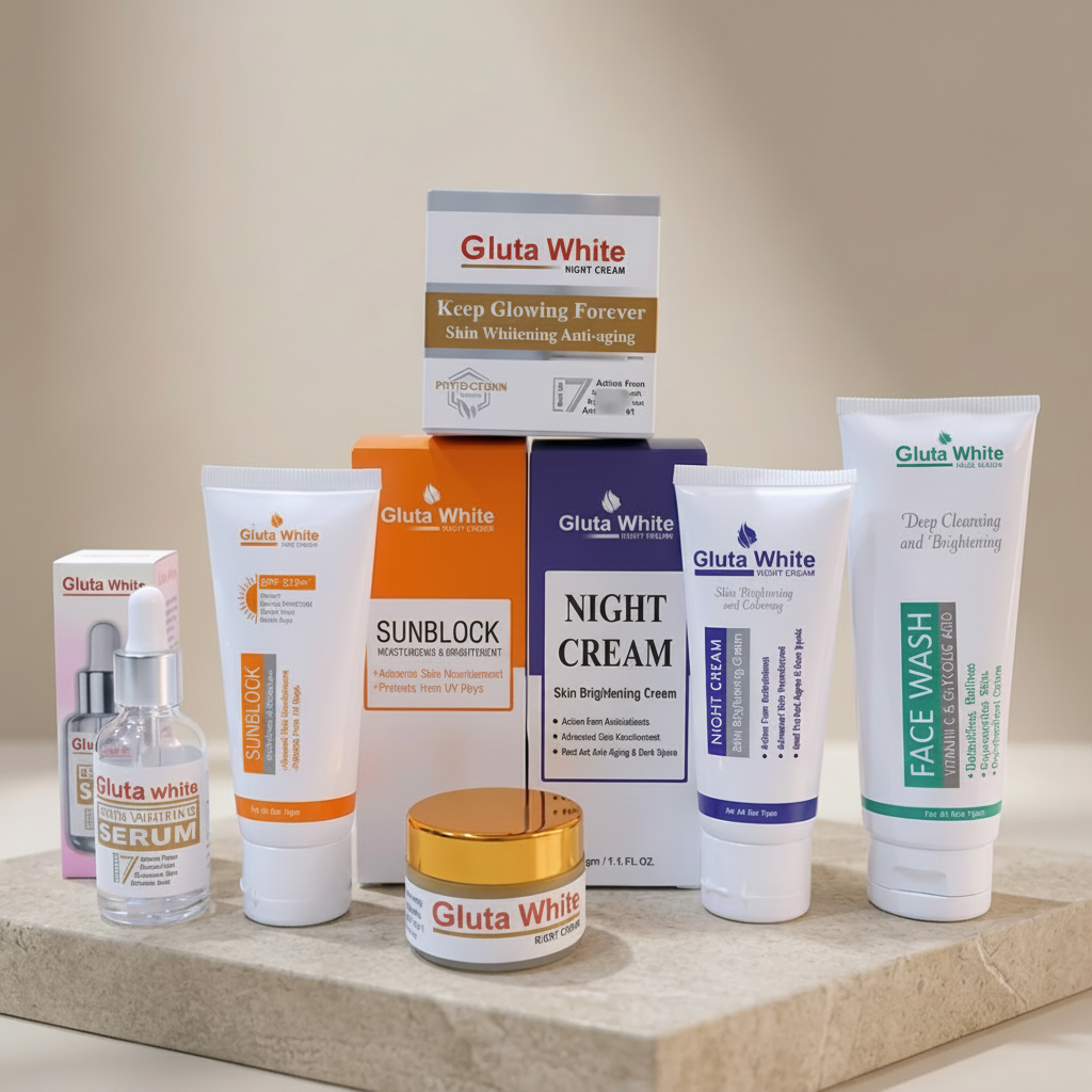 Gluta White 5-in-1 skincare bundle with face wash, serum, face cream, sunblock and night cream