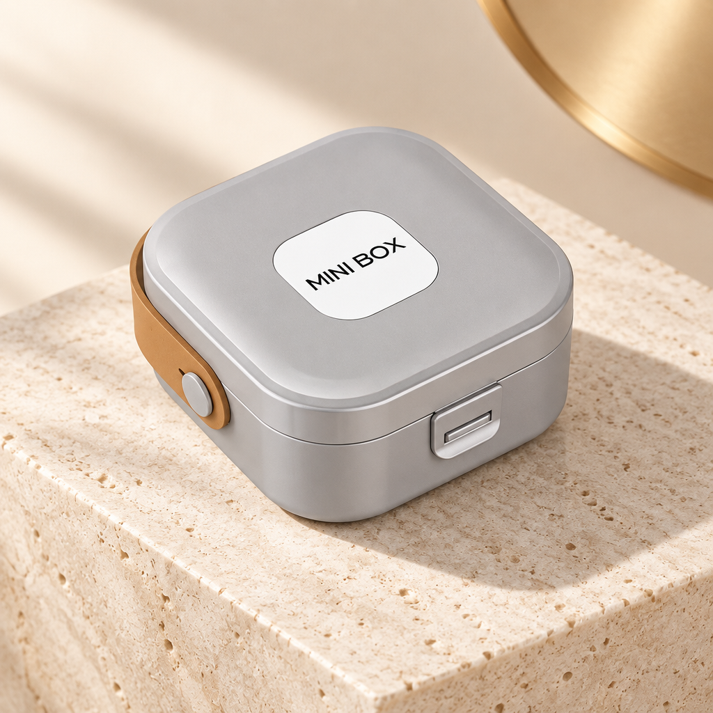 Mini travel jewellery box in grey with tan carry strap on ivory stone
