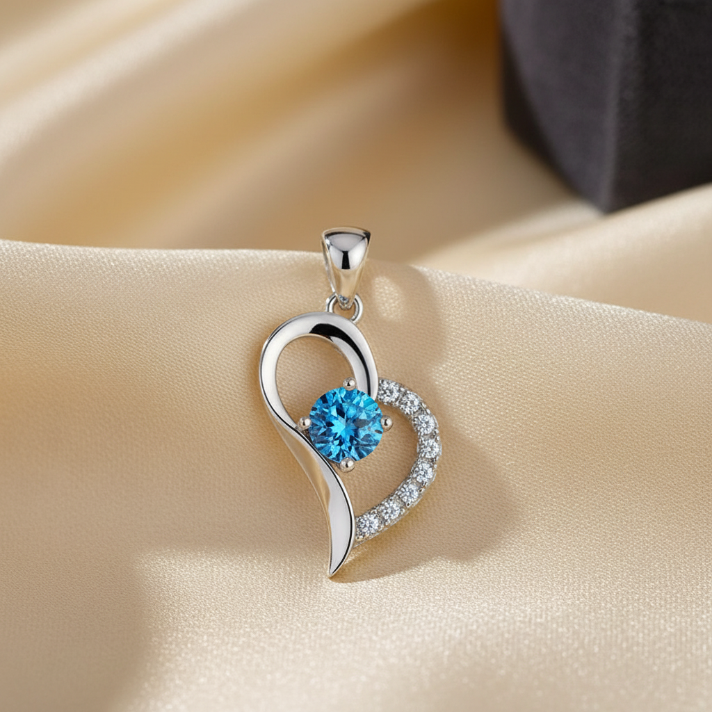 Silver-tone blue heart pendant resting on warm ivory silk