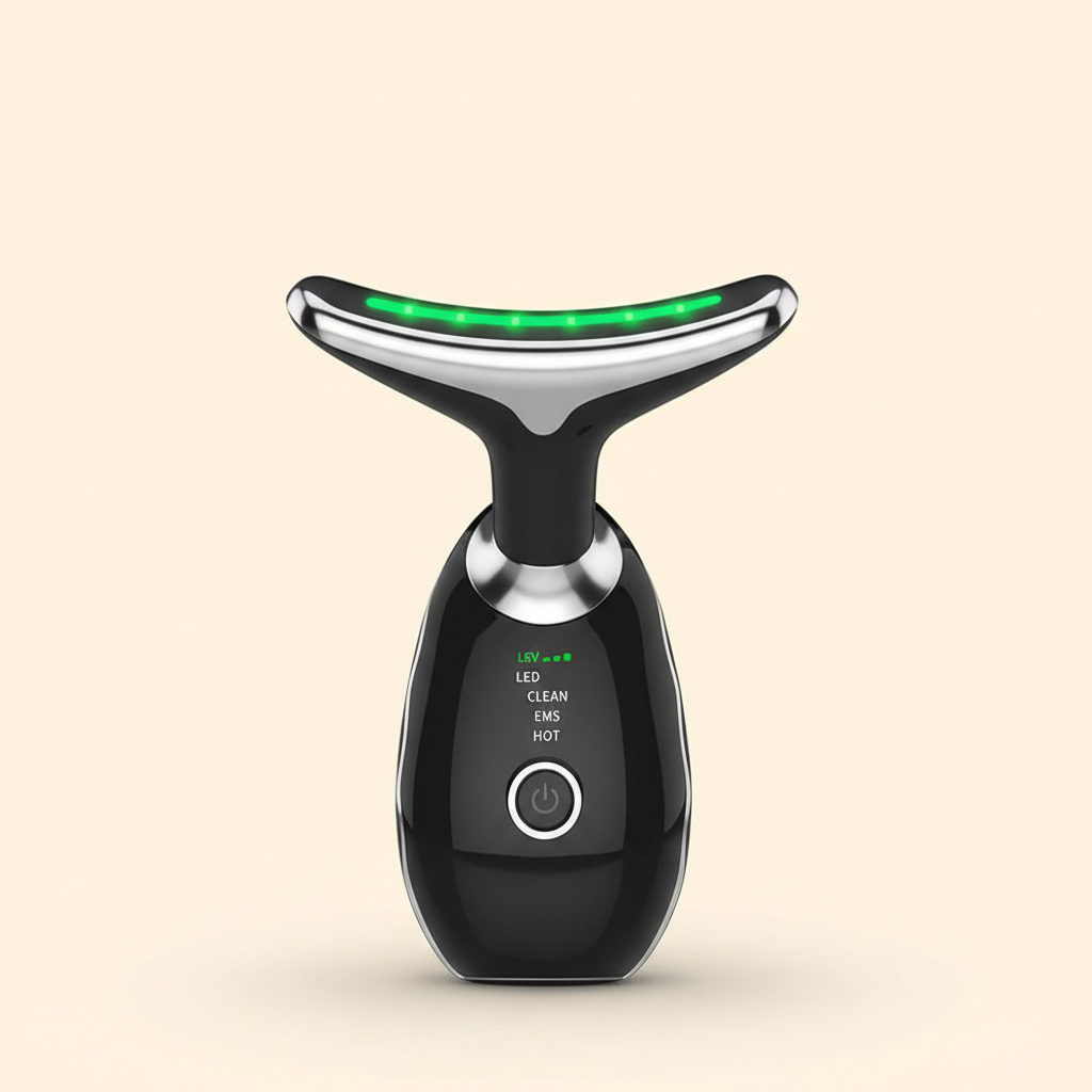 Black T-shaped EMS facial and neck massager with metallic head on a warm ivory background