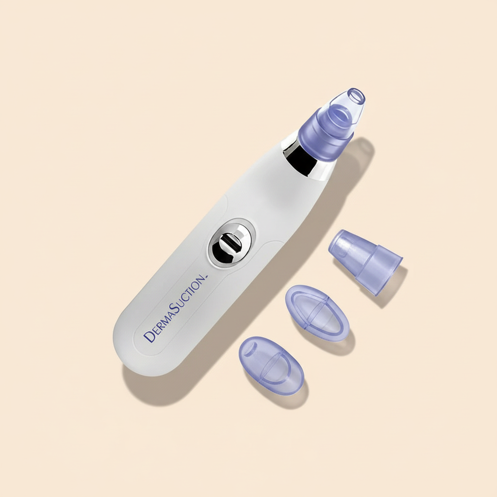 Close detail of a white Derma Suction facial cleanser and four blue interchangeable tips