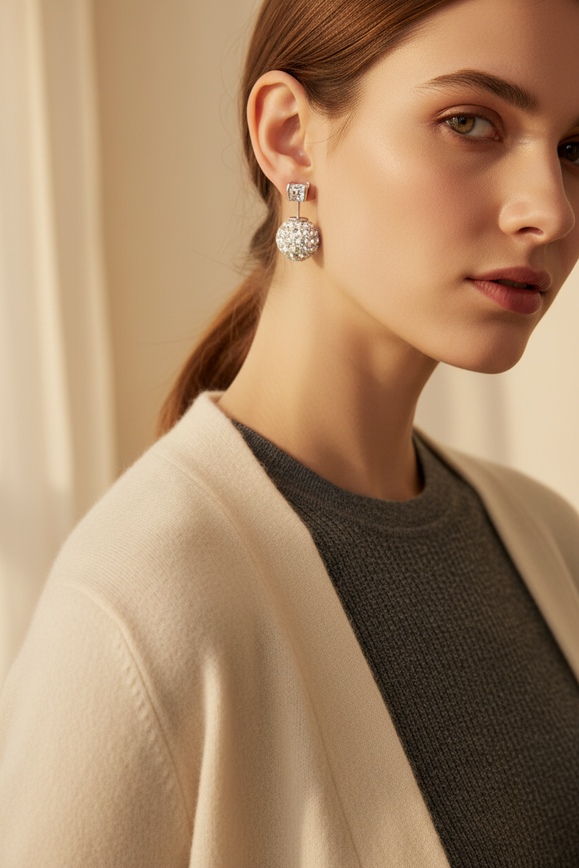 Four-claw zircon stud earring worn in a refined neutral outfit
