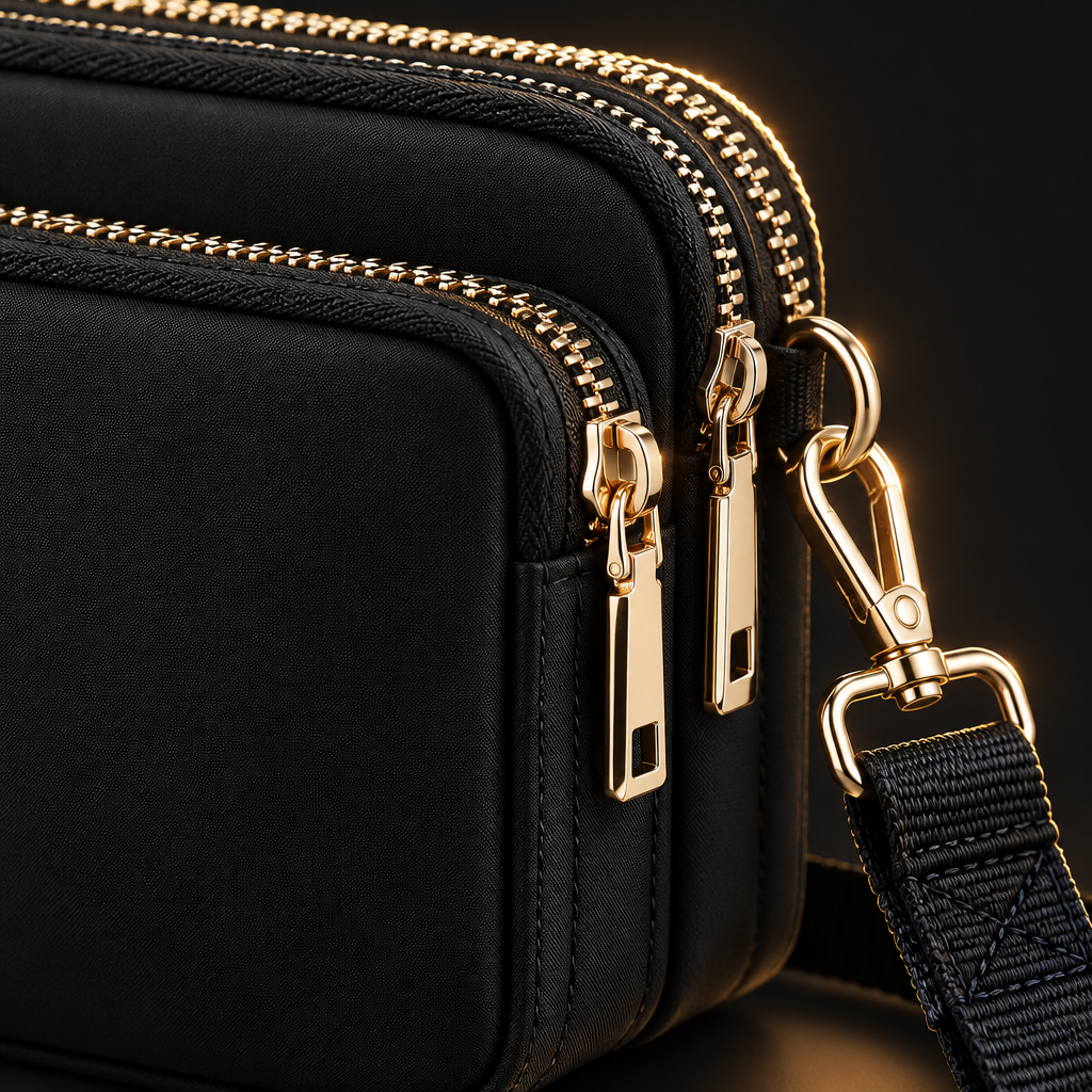 Close-up of the TAJIO crossbody bag's zipper hardware and strap detail