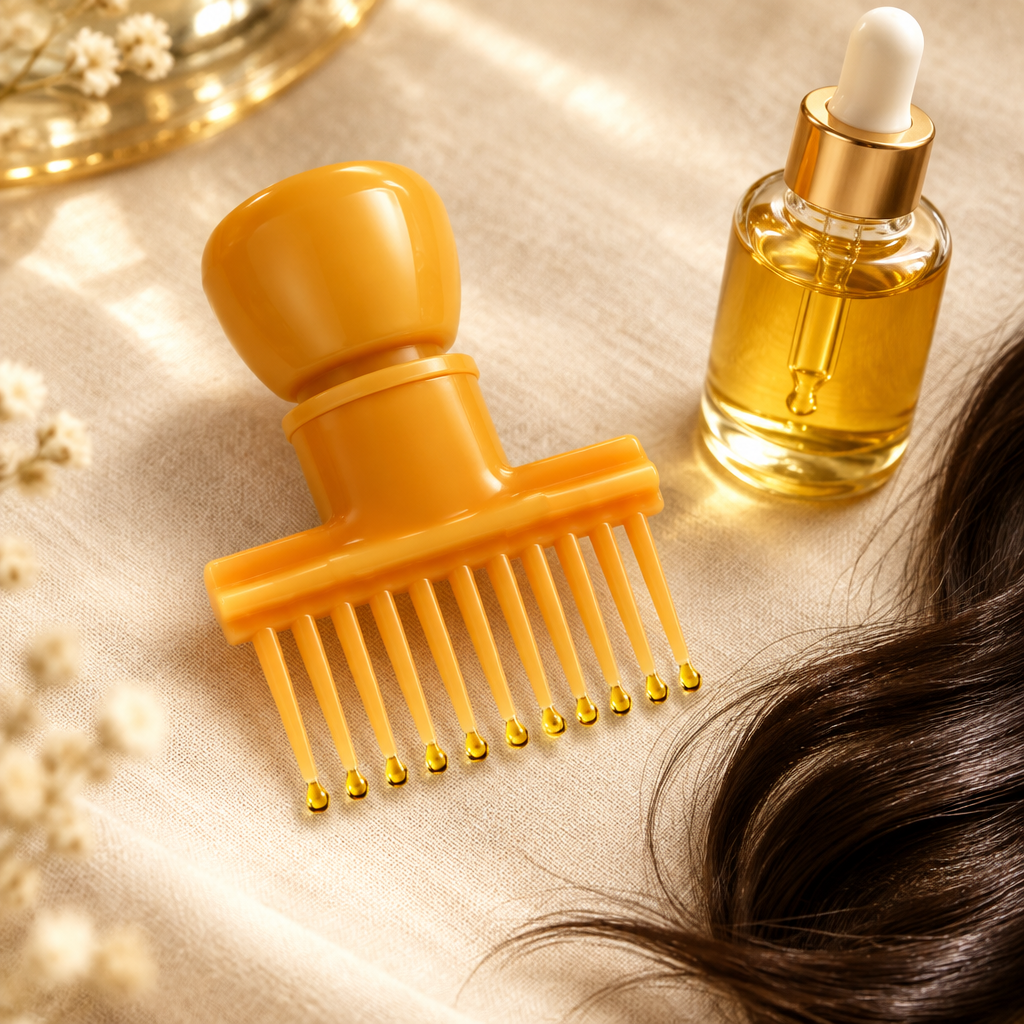Root comb hair oil applicator styled with hair oil dropper bottle and hair