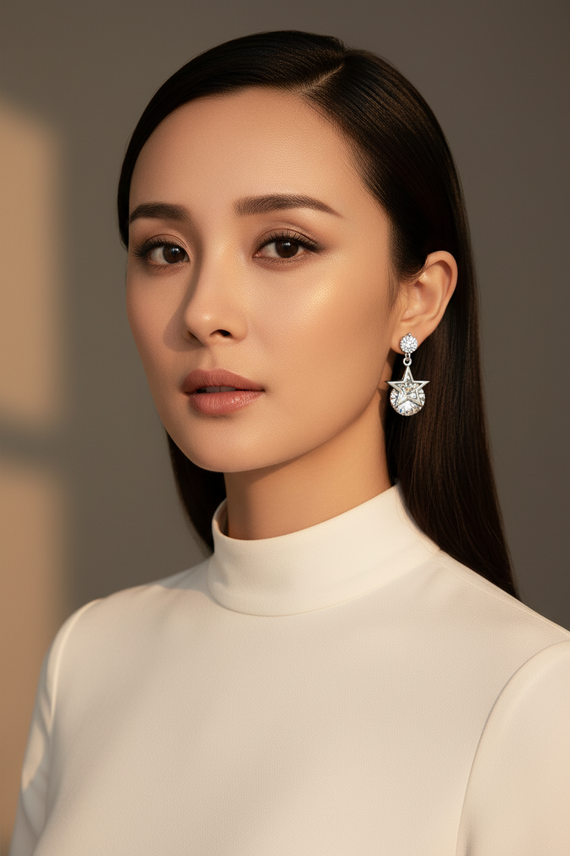 Silver-tone star crystal drop earring styled on a woman in an ivory outfit