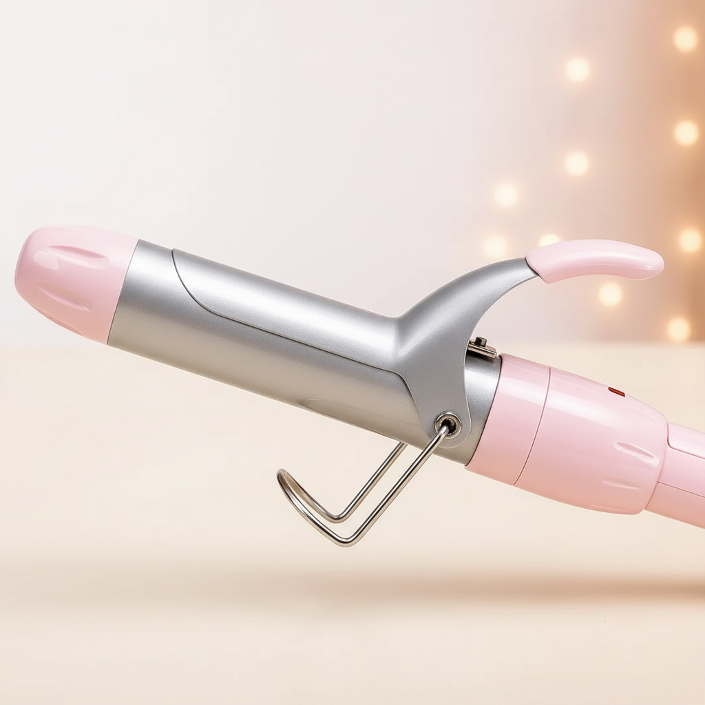 Close-up of the RIWA 32mm ceramic curling iron barrel, clamp, and heat-resistant stand