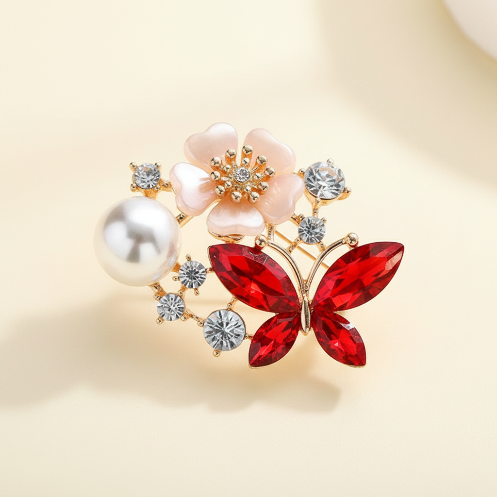 Red pearl and crystal butterfly brooch on a warm ivory background
