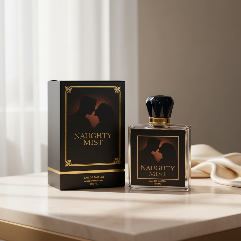 Naughty Mist 100 ml unisex fruity Eau de Parfum black bottle and box styled on an elegant neutral vanity