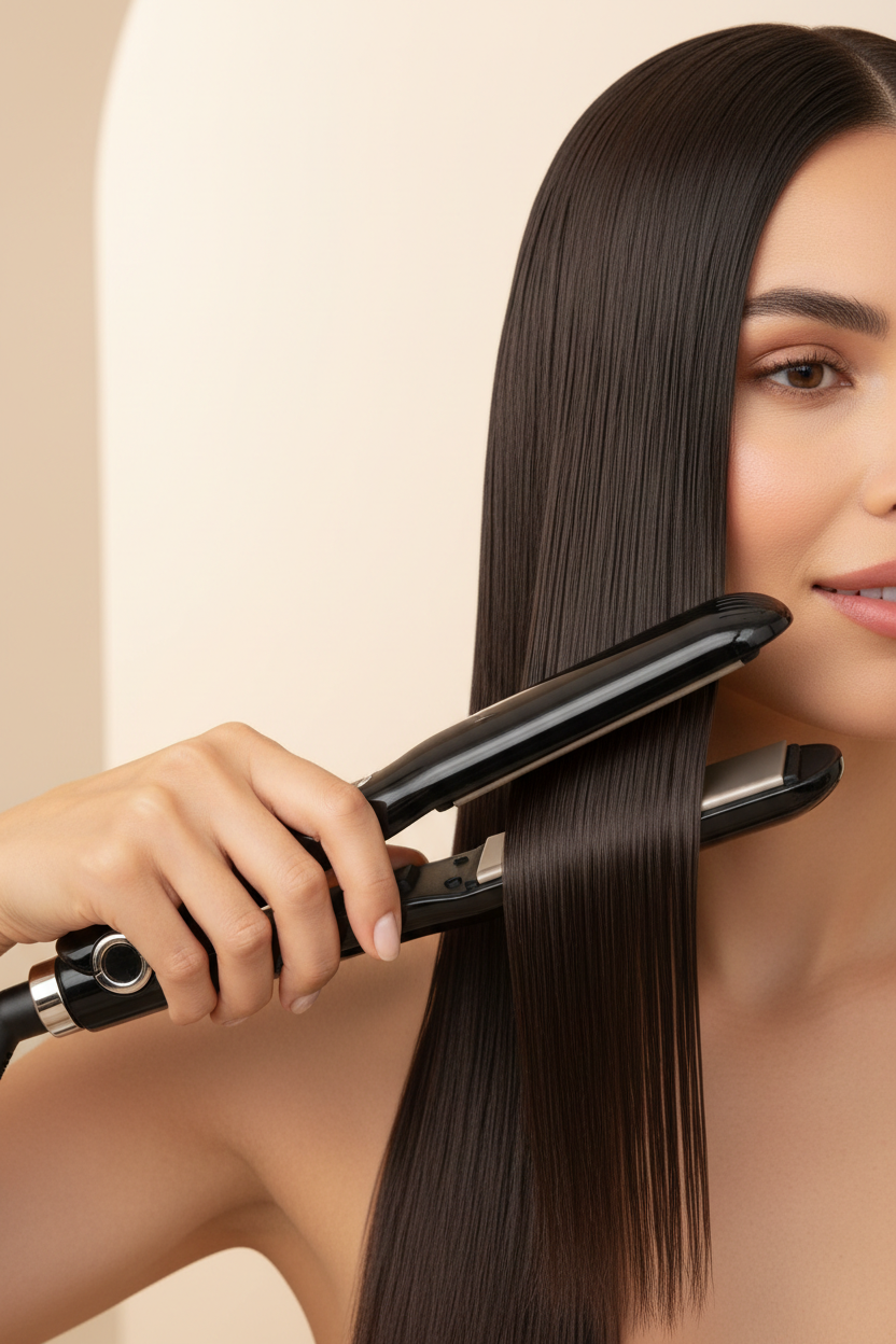 Woman using a black hair straightener to create smooth glossy straight hair