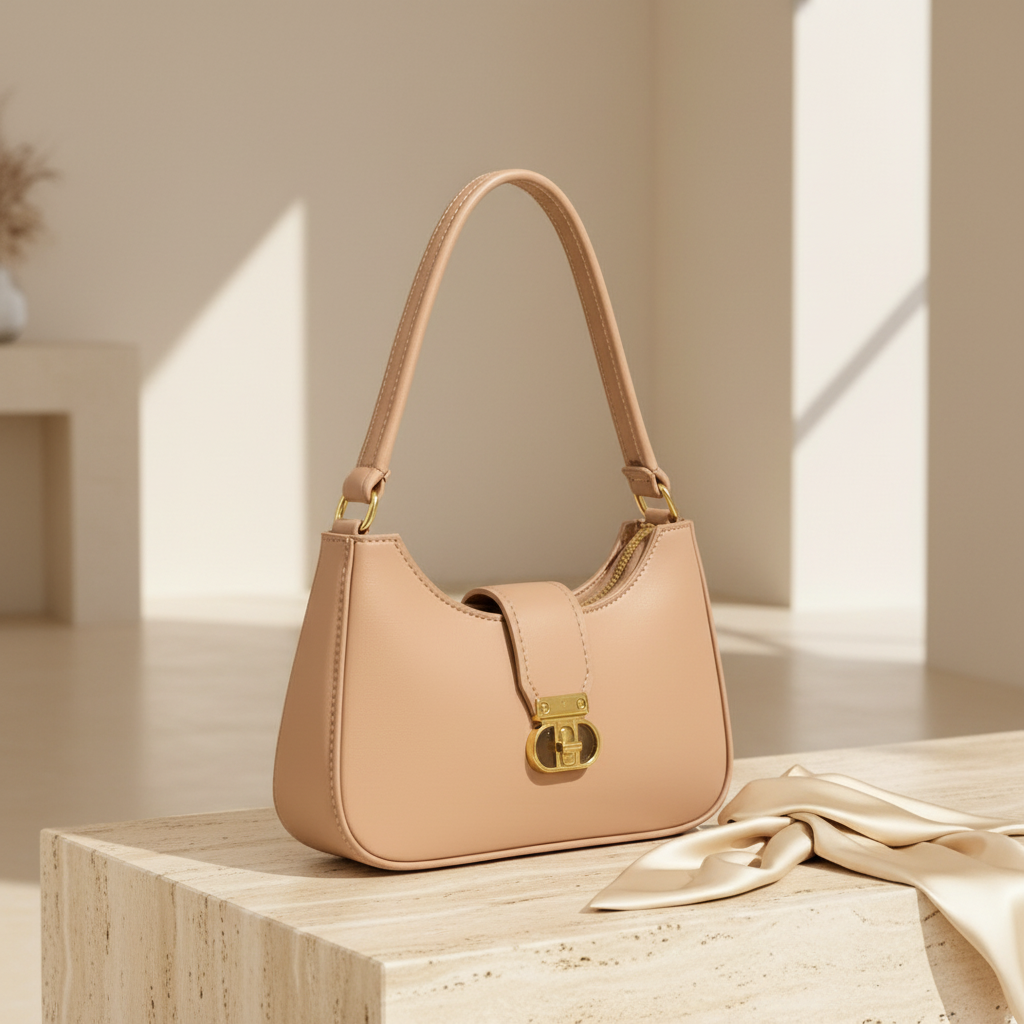 Beige leather shoulder bag styled on pale travertine in a minimal cream interior