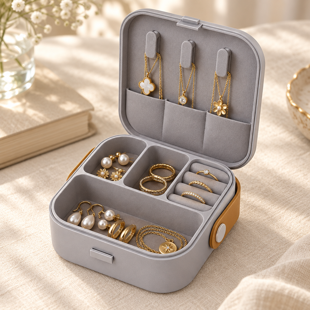 Open mini jewellery box organizer with ring rolls, necklace hooks and compartments