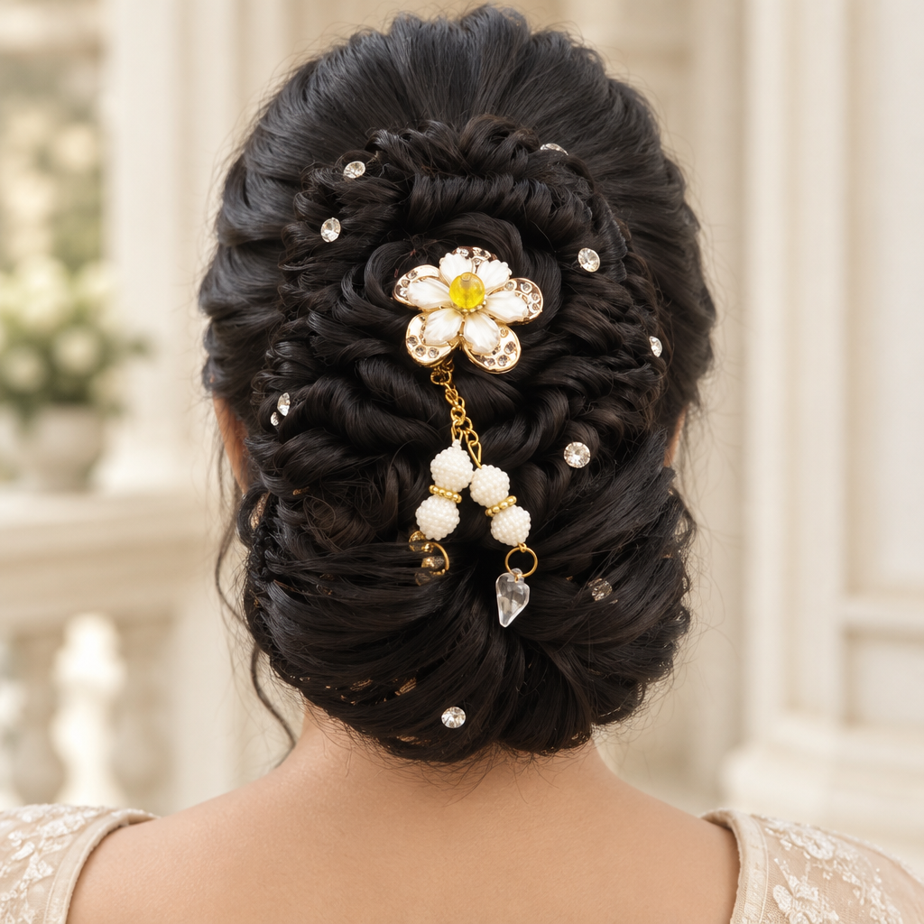 Black floral hair bun catcher styled in an updo with white flower and bead accents
