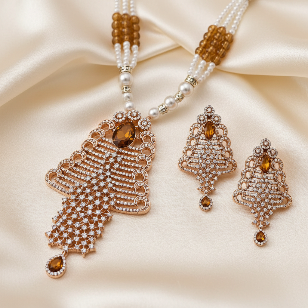 Close detail of pearl-style crystal pendant necklace and matching drop earrings