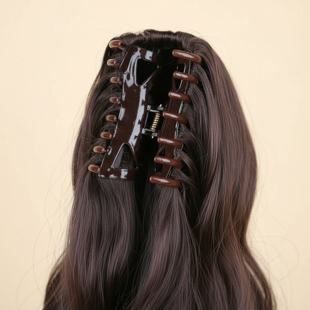Close-up of the dark brown claw clip and wavy synthetic ponytail extension