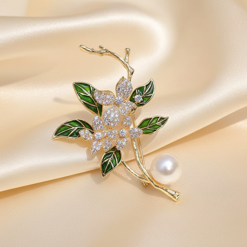 Close detail of a green leaf pearl brooch on ivory silk