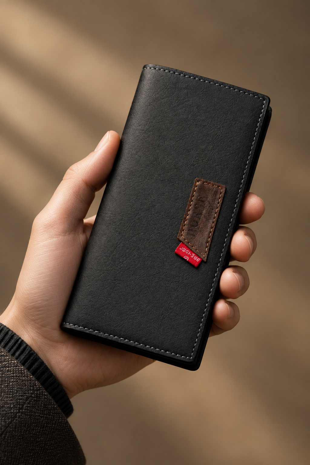 Black long wallet held in hand against warm neutral backdrop