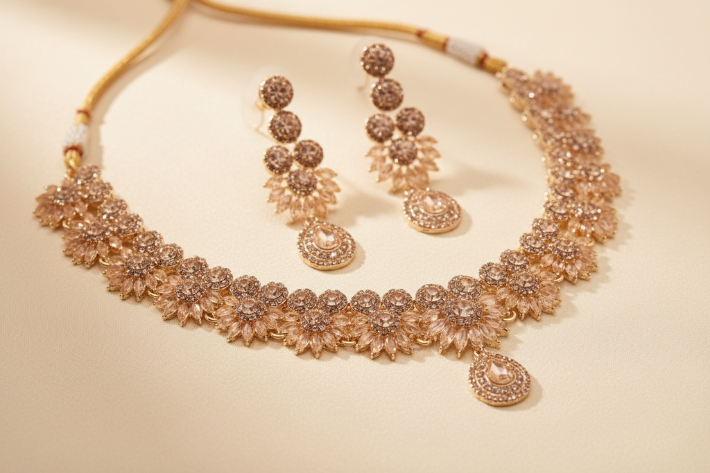 Close detail of floral crystal necklace and matching earrings in a gold-plated bridal jewelry set